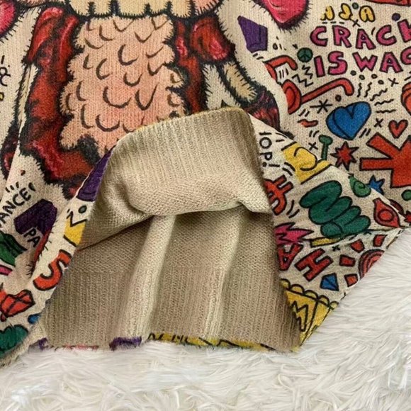 Womens Pullover Sweater Small Beige Red Stretch Crew Neck Print Bear Dolls Relax - Picture 15 of 16